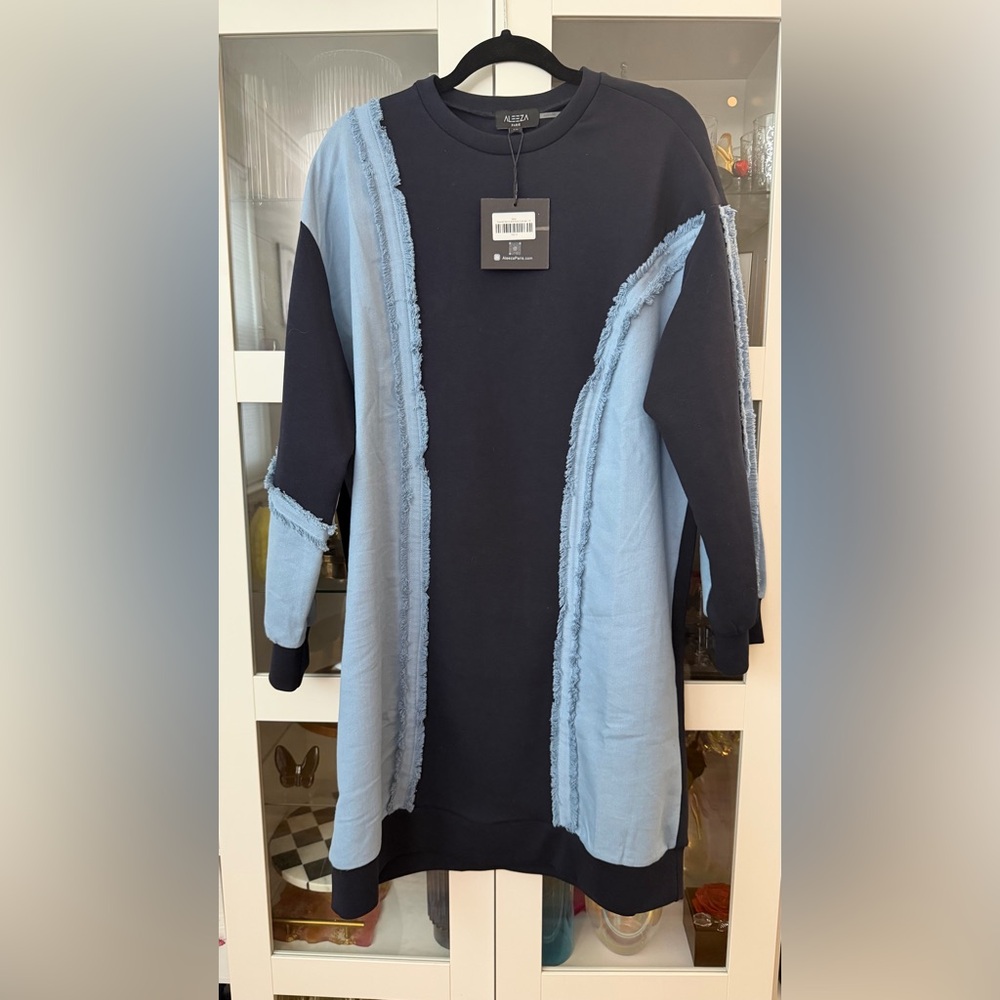 Aleeza Paris Navy Sweatshirt Dress with Denim Paneling